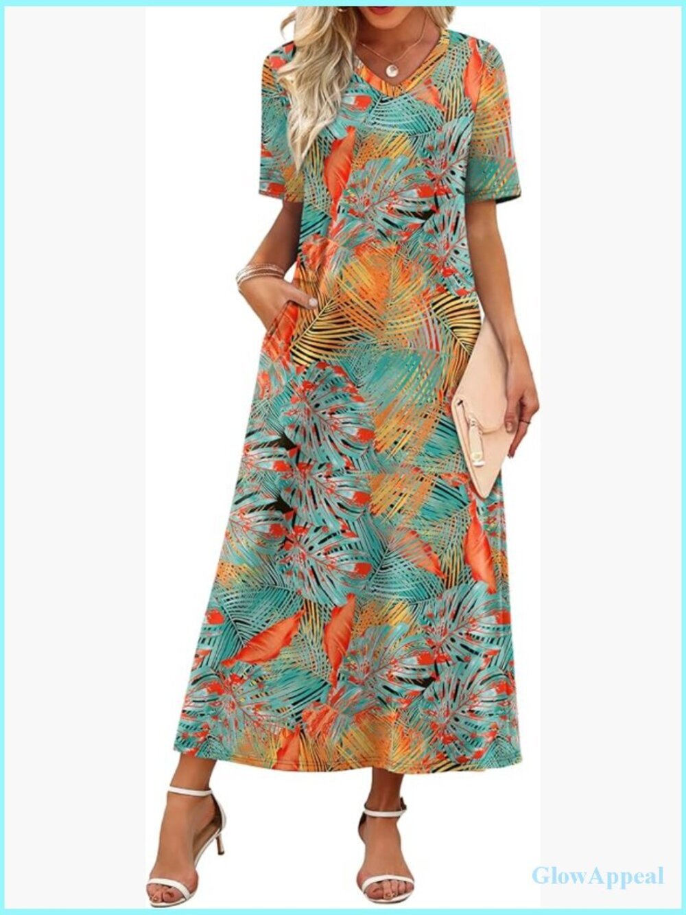 V-Neck Maxi Dress Short Sleeve Flowy Vacation Sundress